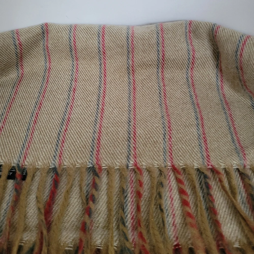 Christian Dior Vintage Striped Beige Gray Red Fringed Womens Acrylic Scarf